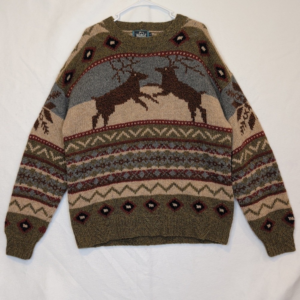 Woolrich Mens Handknit 100% Wool Fair Isle Stag Sweater Army Green Large 9694